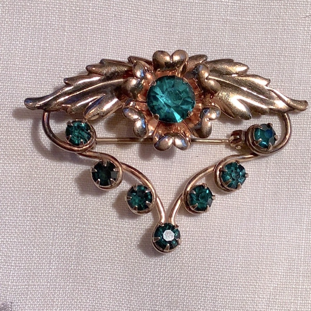 LINC Gold Filled Emerald Green Rhinestones Brooch